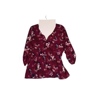 Maurices Blouse Womens Medium Burgundy Floral Zip Detail Roll Tab Sleeves Top